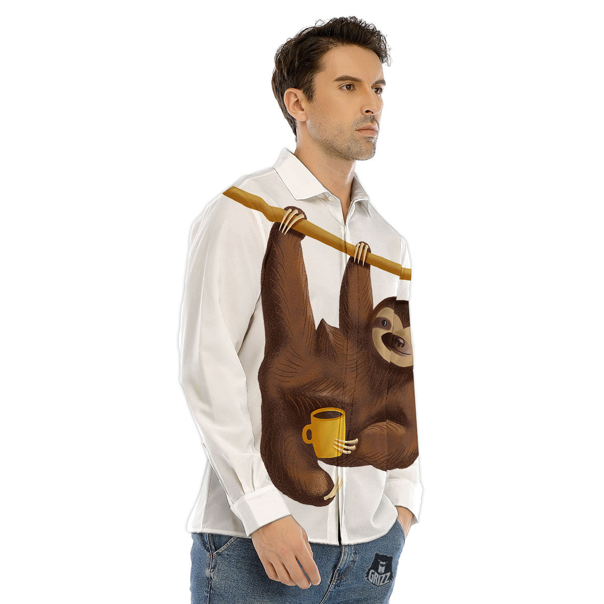 Sloth Happy Print Men's Dress Shirts-grizzshop