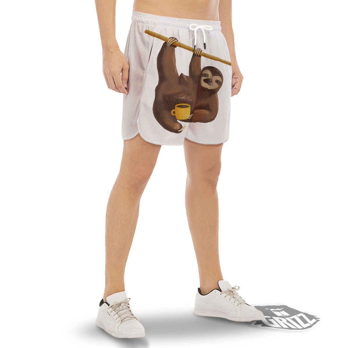 Sloth Happy Print Men's Gym Shorts-grizzshop