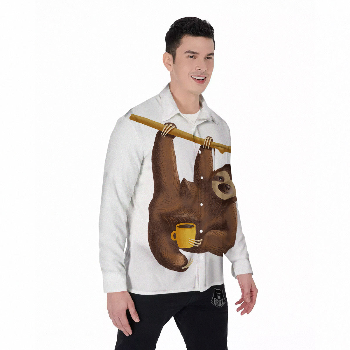 Sloth Happy Print Men's Long Sleeve Shirts-grizzshop