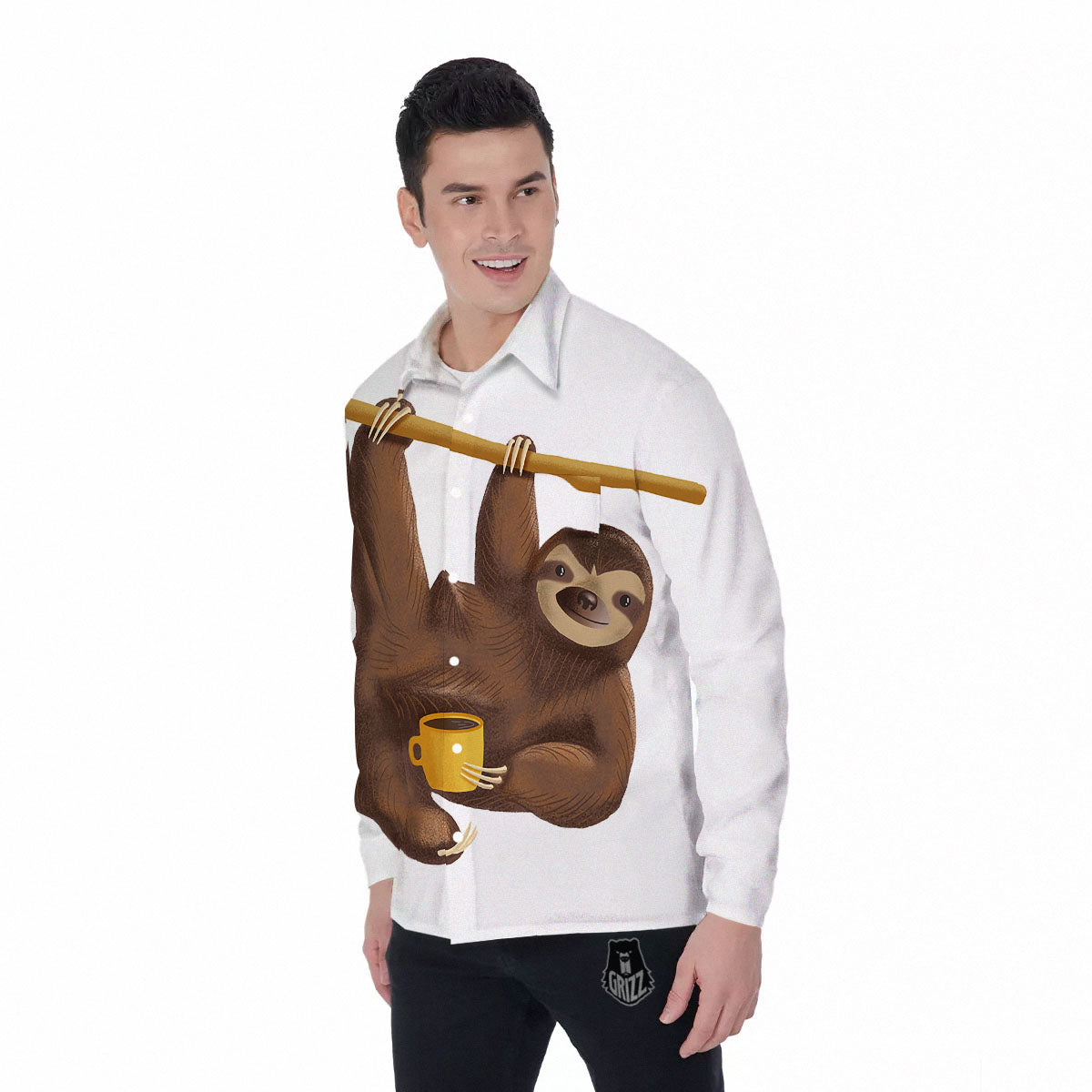 Sloth Happy Print Men's Long Sleeve Shirts-grizzshop