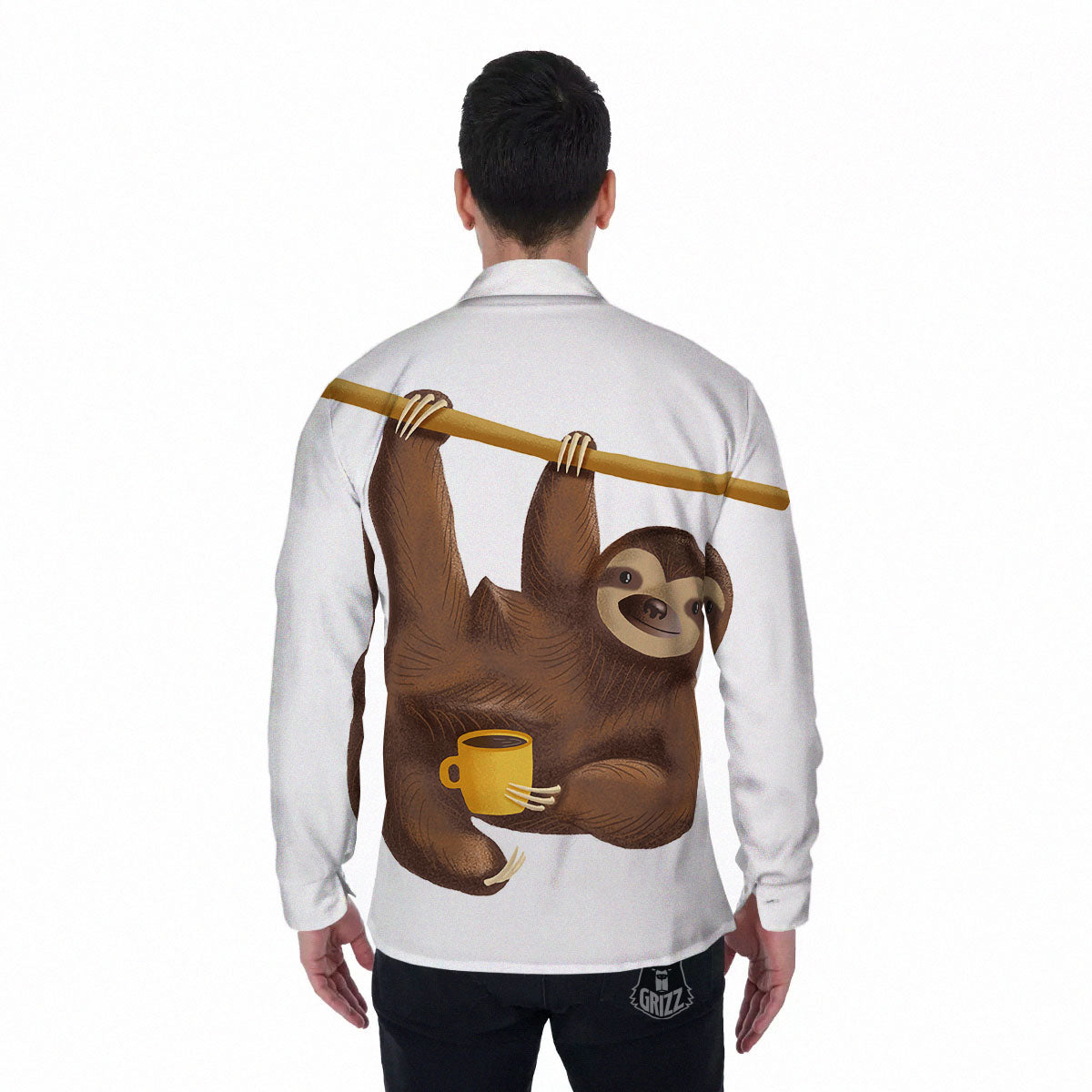Sloth Happy Print Men's Long Sleeve Shirts-grizzshop