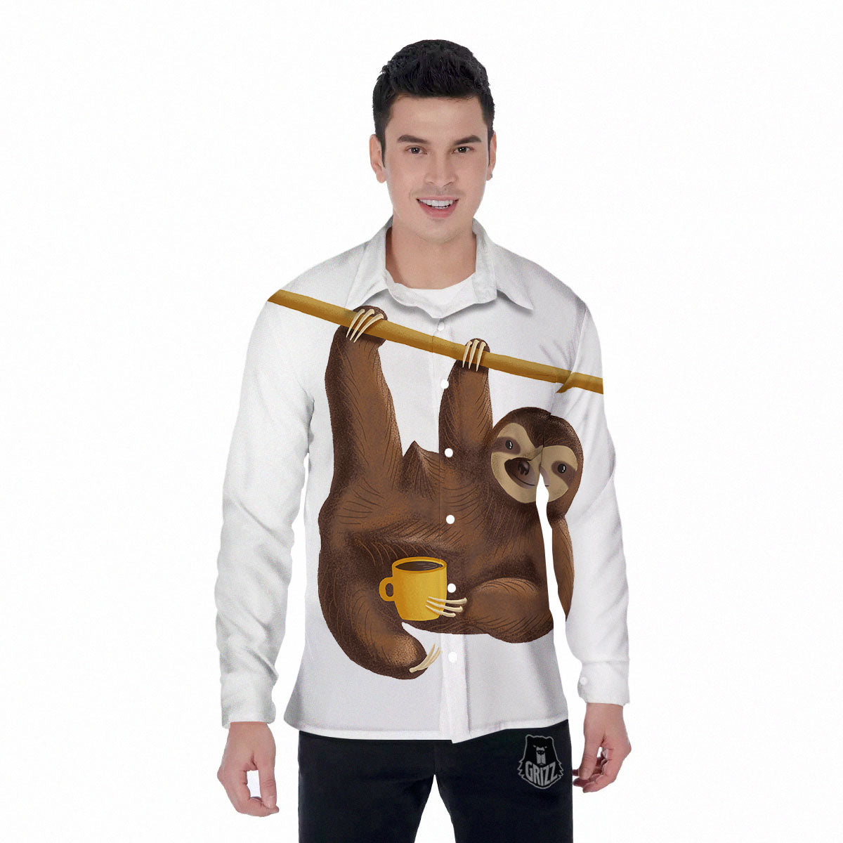 Sloth Happy Print Men's Long Sleeve Shirts-grizzshop