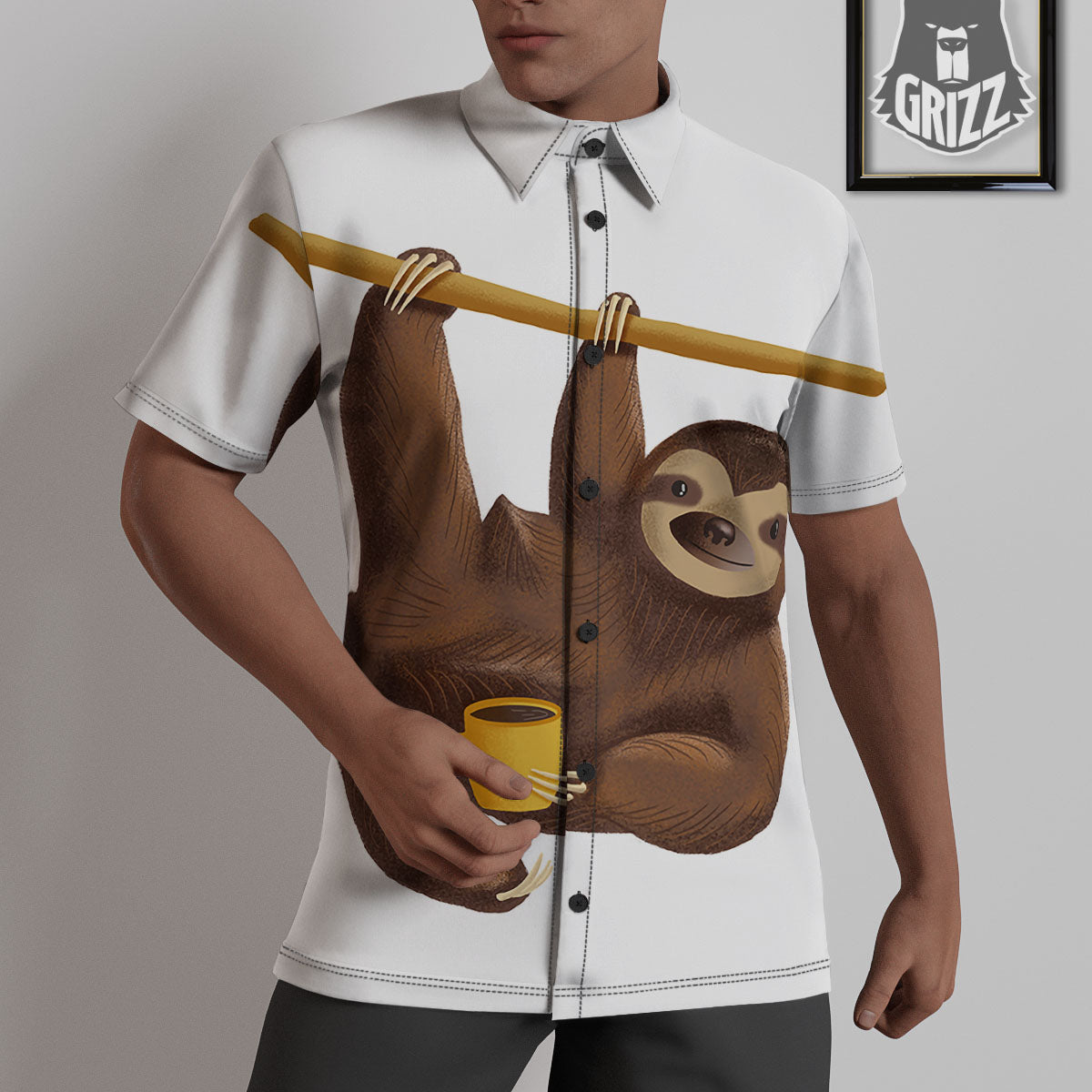 Sloth Happy Print Untucked Shirts-grizzshop