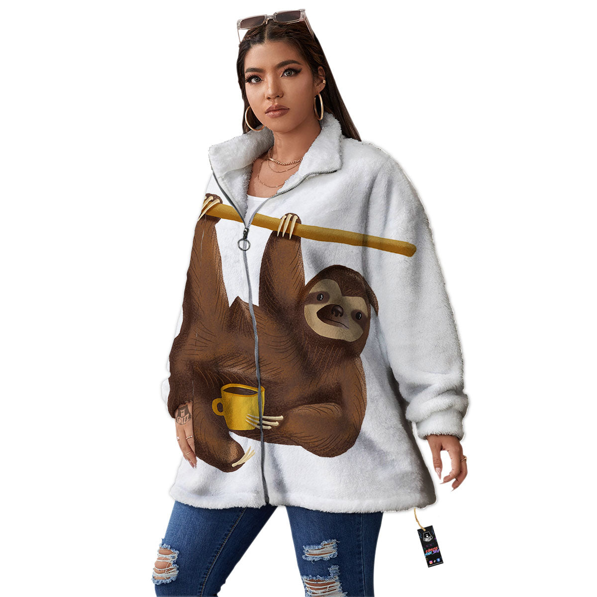 Sloth Happy Print Women's Sherpa Jacket-grizzshop