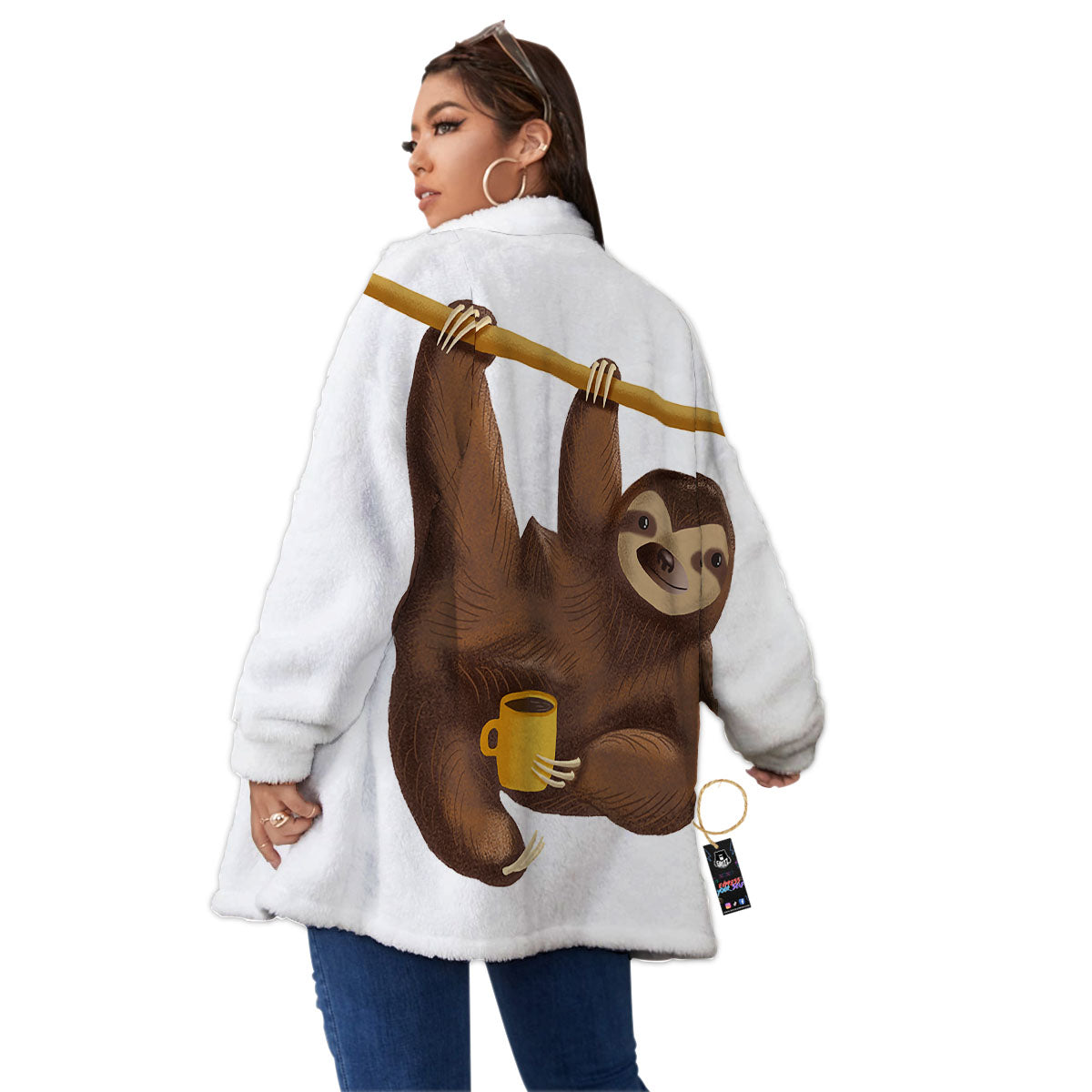 Sloth Happy Print Women's Sherpa Jacket-grizzshop