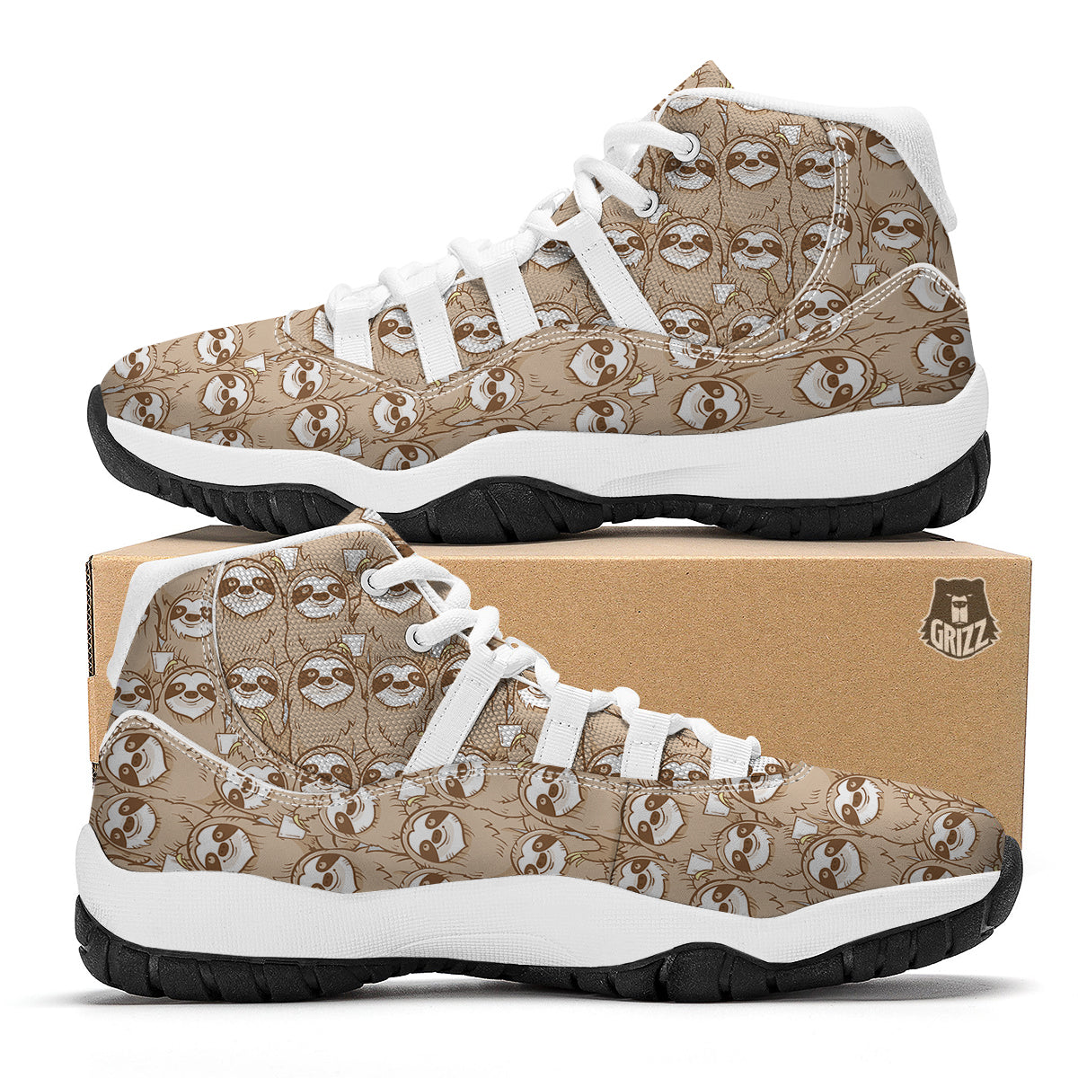 Sloth Pattern Print White Bball Shoes-grizzshop