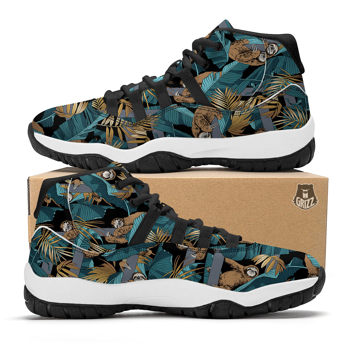 Sloth Tropical Print Pattern Black Bball Shoes-grizzshop