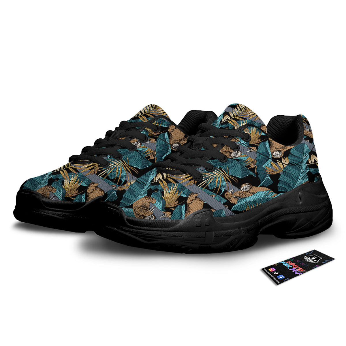 Sloth Tropical Print Pattern Black Chunky Shoes-grizzshop