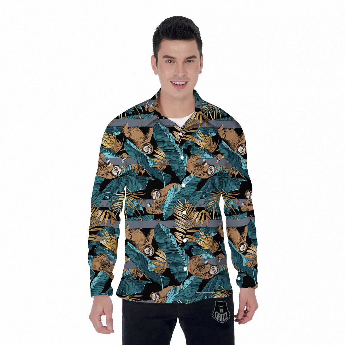 Sloth Tropical Print Pattern Men's Long Sleeve Shirts-grizzshop