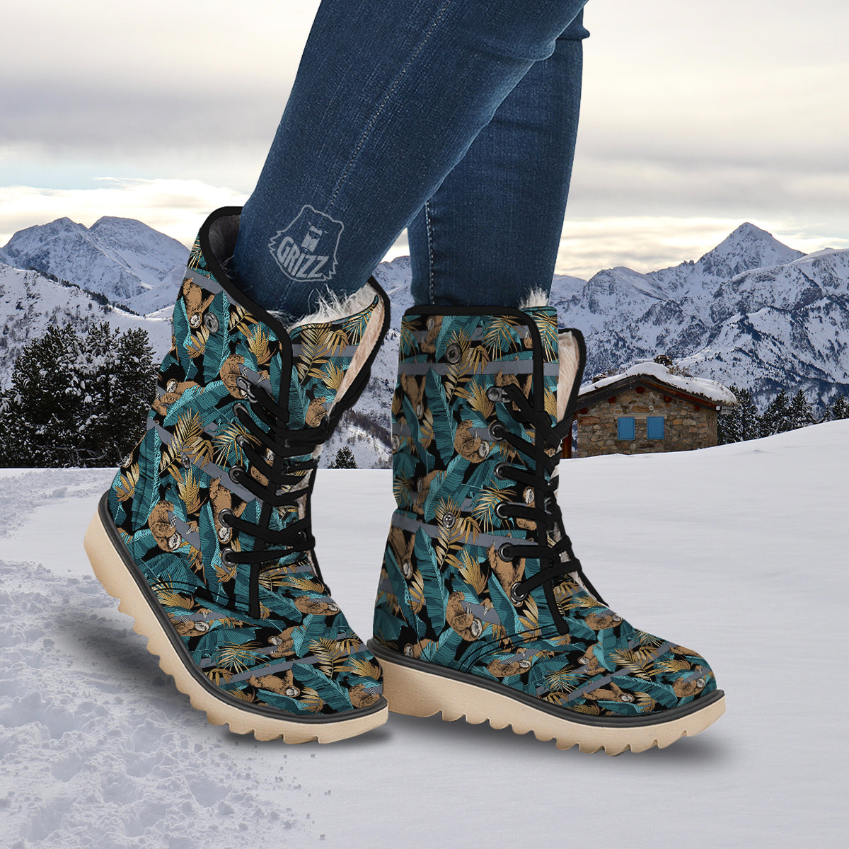 Sloth Tropical Print Pattern Snow Boots-grizzshop