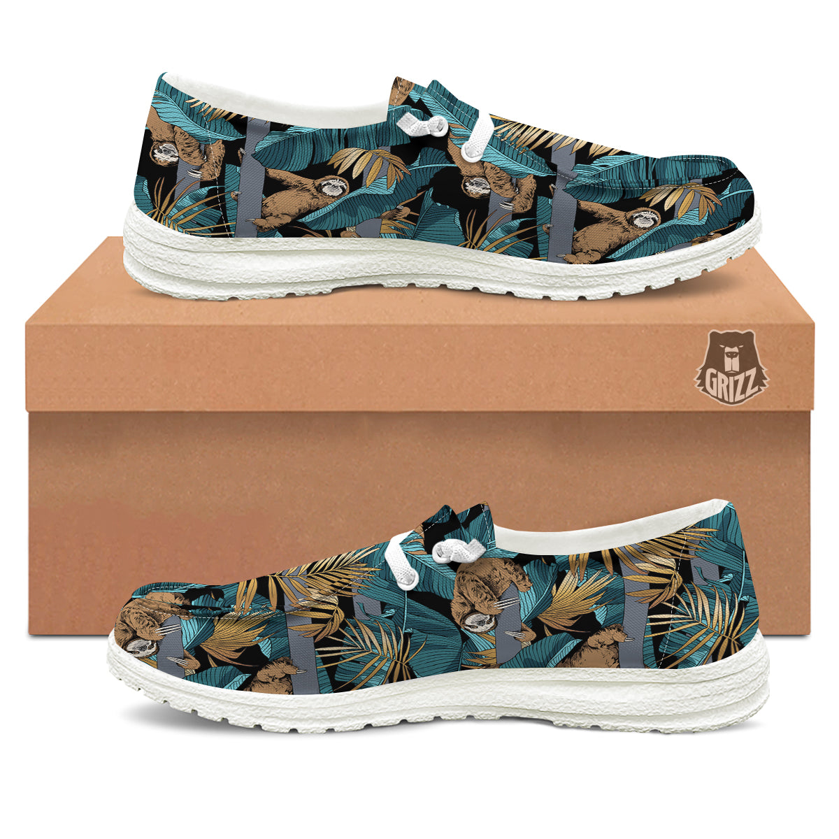 Sloth Tropical Print Pattern White Loafers-grizzshop