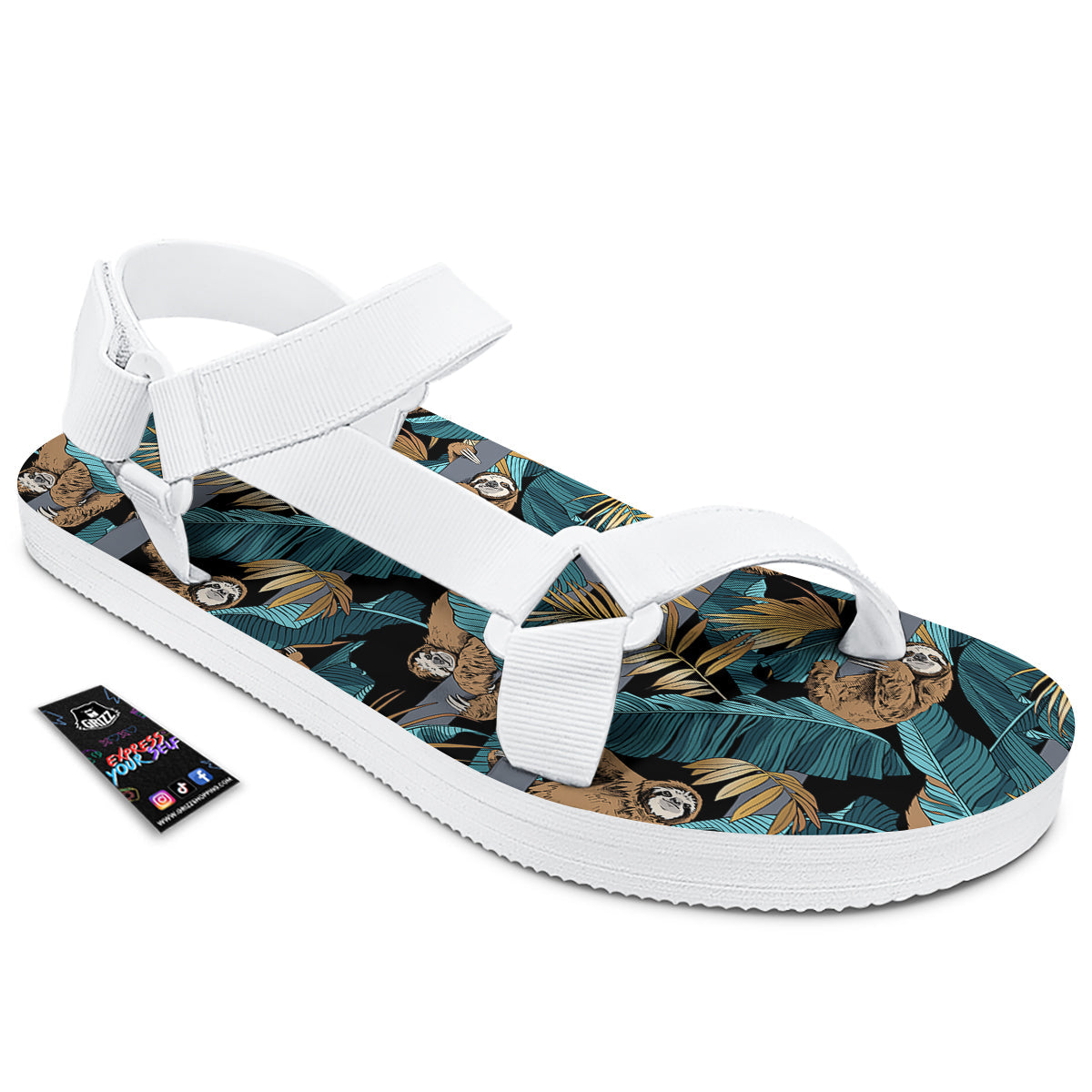 Sloth Tropical Print Pattern White Open Toe Sandals-grizzshop