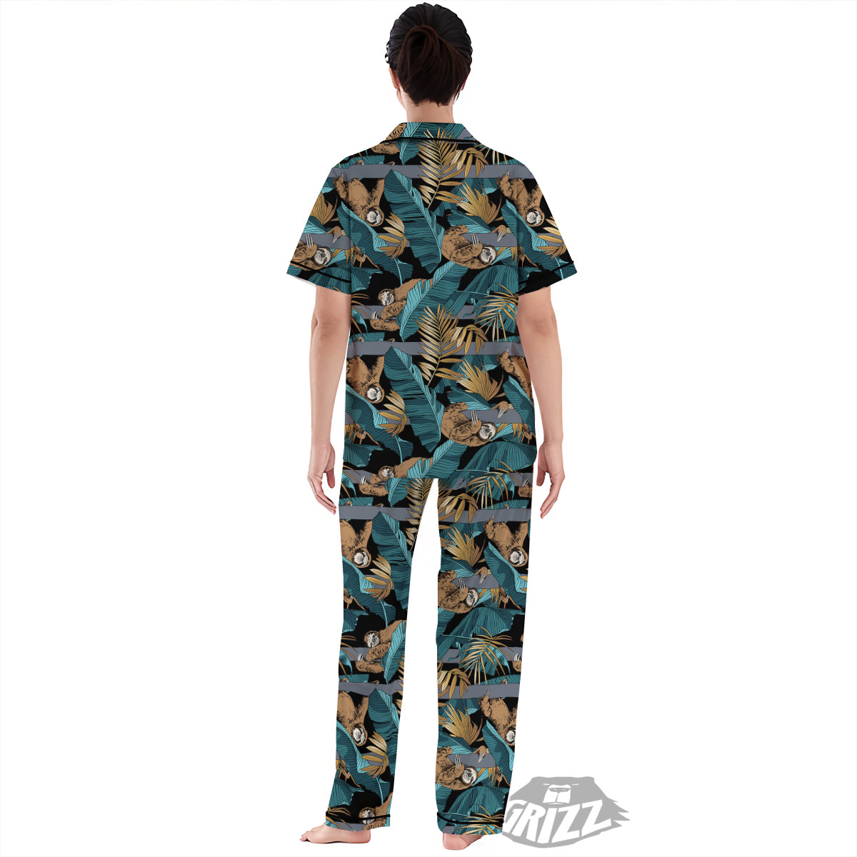 Sloth Tropical Print Pattern Women's Pajamas Set-grizzshop