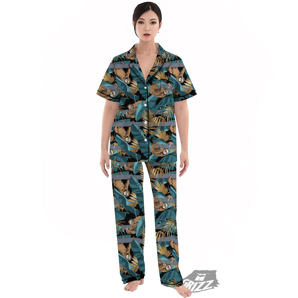 Sloth Tropical Print Pattern Women's Pajamas Set-grizzshop