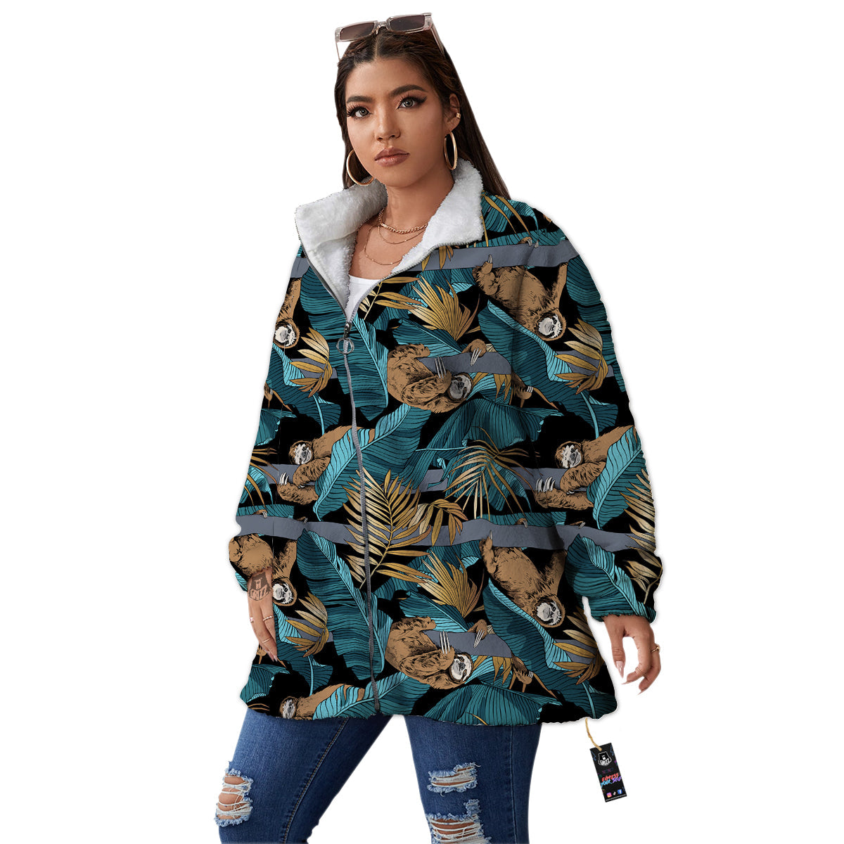 Sloth Tropical Print Pattern Women's Sherpa Jacket-grizzshop