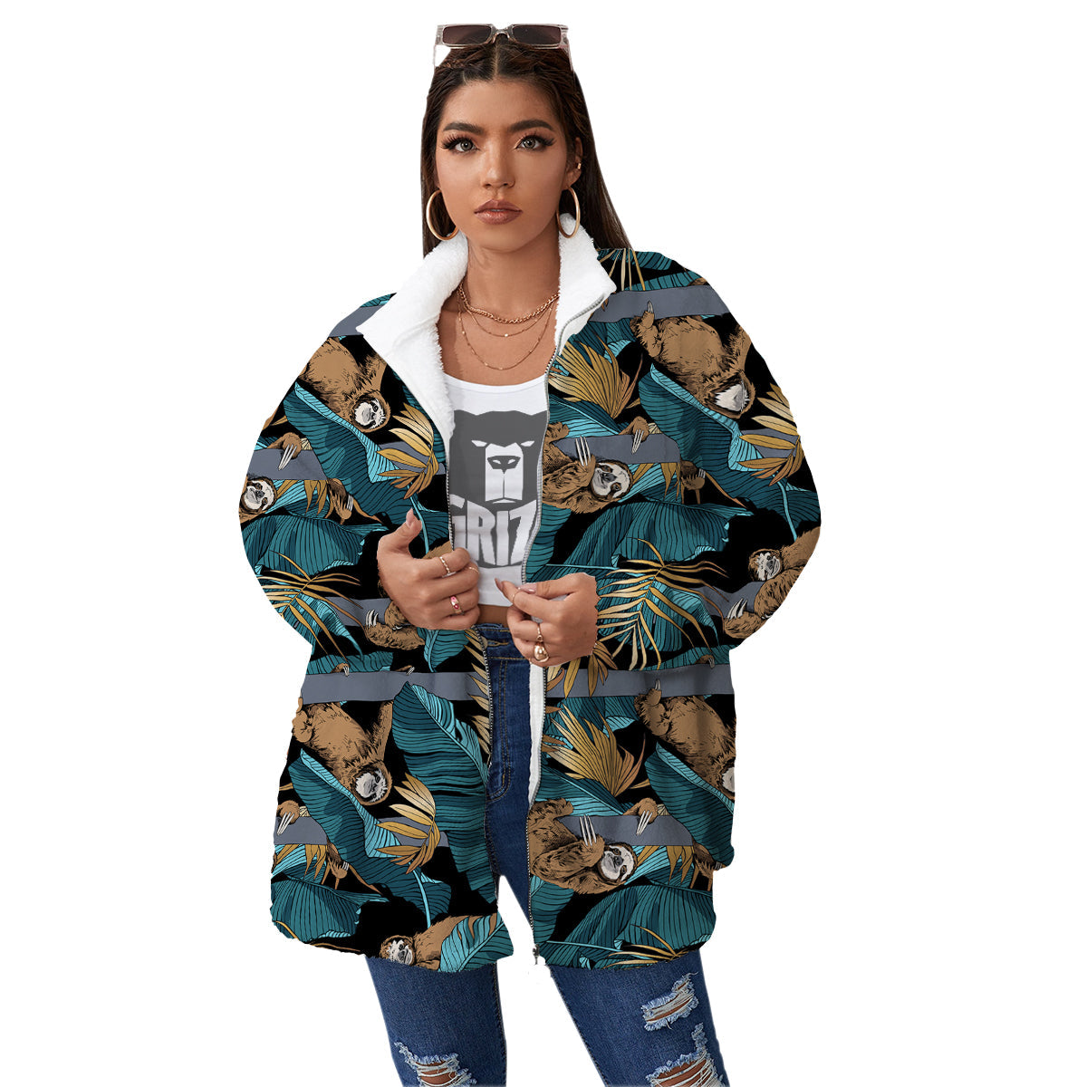 Sloth Tropical Print Pattern Women's Sherpa Jacket-grizzshop