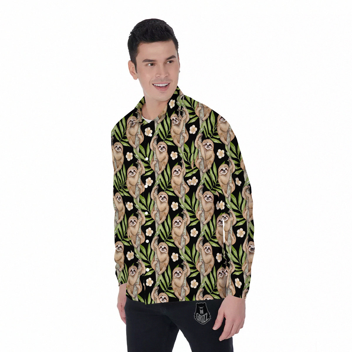 Sloth Watercolor Print Pattern Men's Long Sleeve Shirts-grizzshop