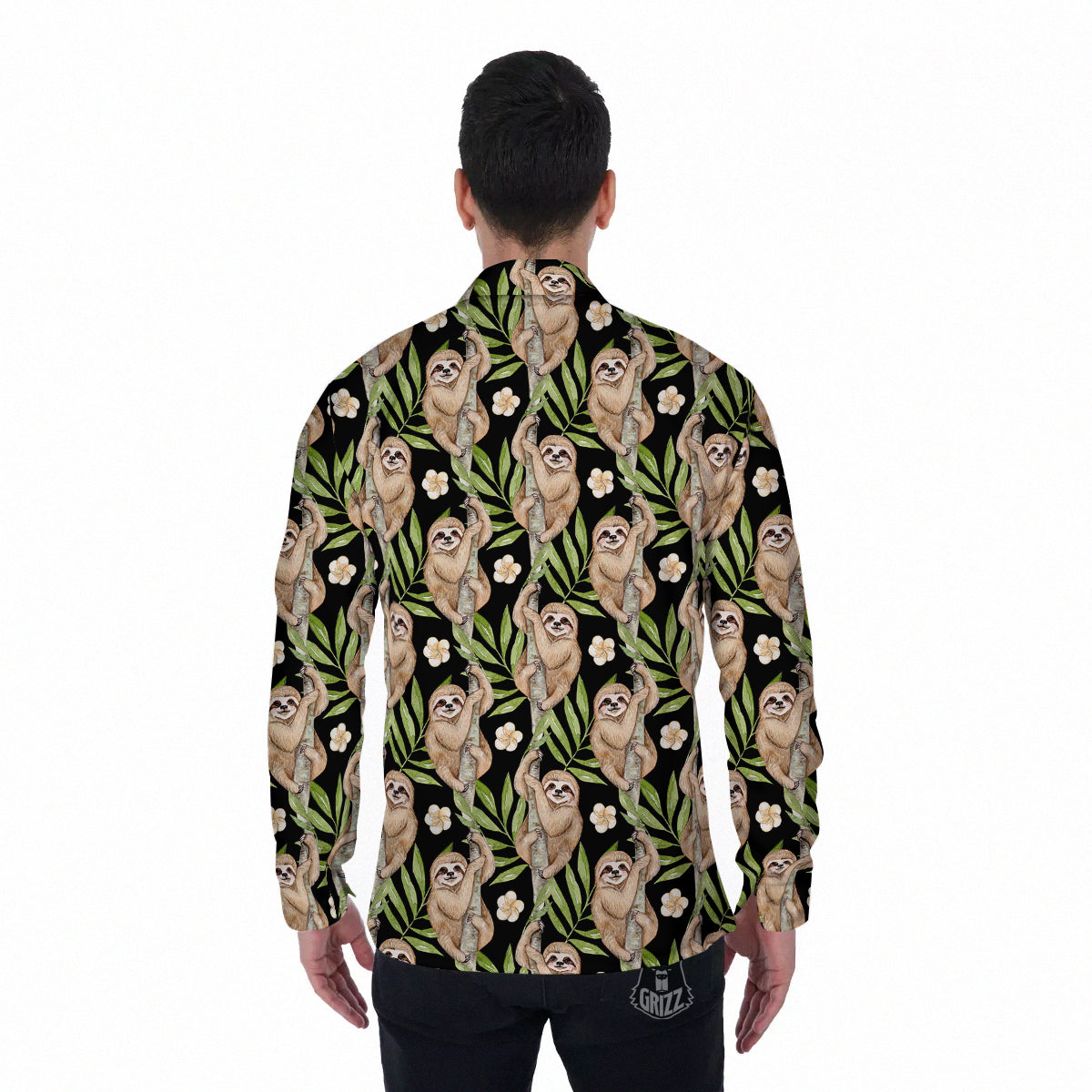 Sloth Watercolor Print Pattern Men's Long Sleeve Shirts-grizzshop