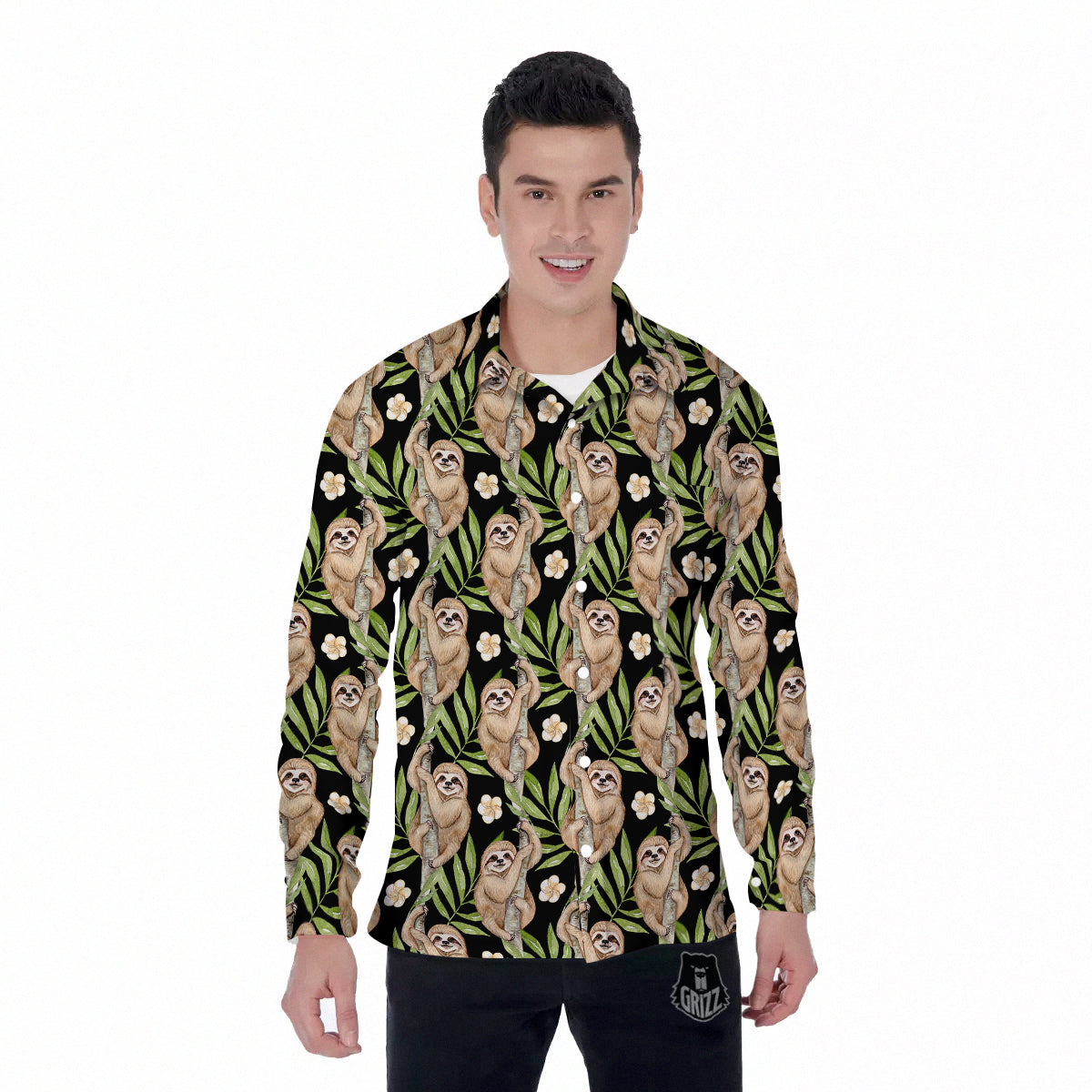 Sloth Watercolor Print Pattern Men's Long Sleeve Shirts-grizzshop