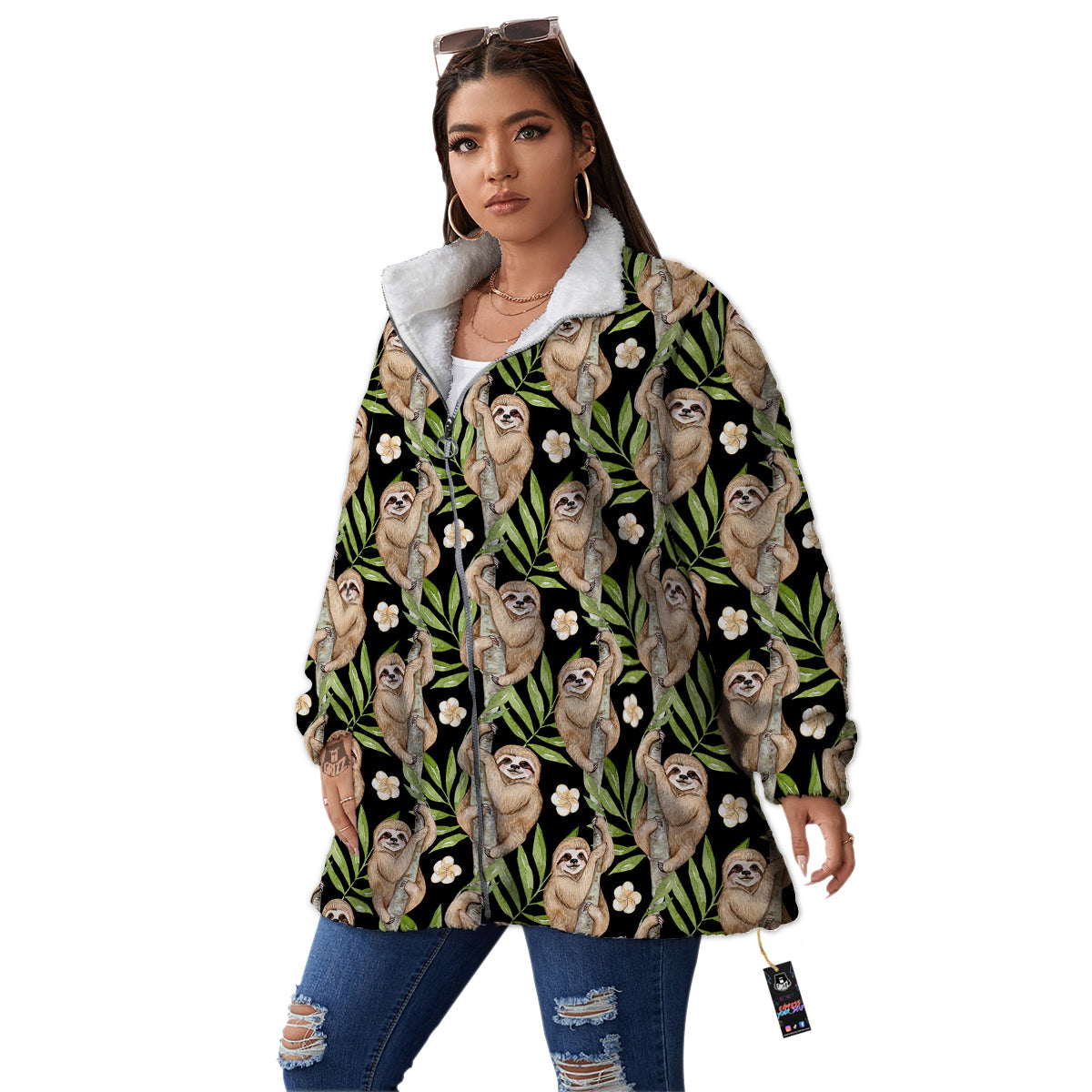 Sloth Watercolor Print Pattern Women's Sherpa Jacket-grizzshop