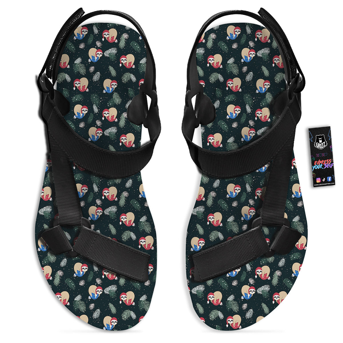 Sloths Sleeping Christmas Print Pattern Black Open Toe Sandals-grizzshop