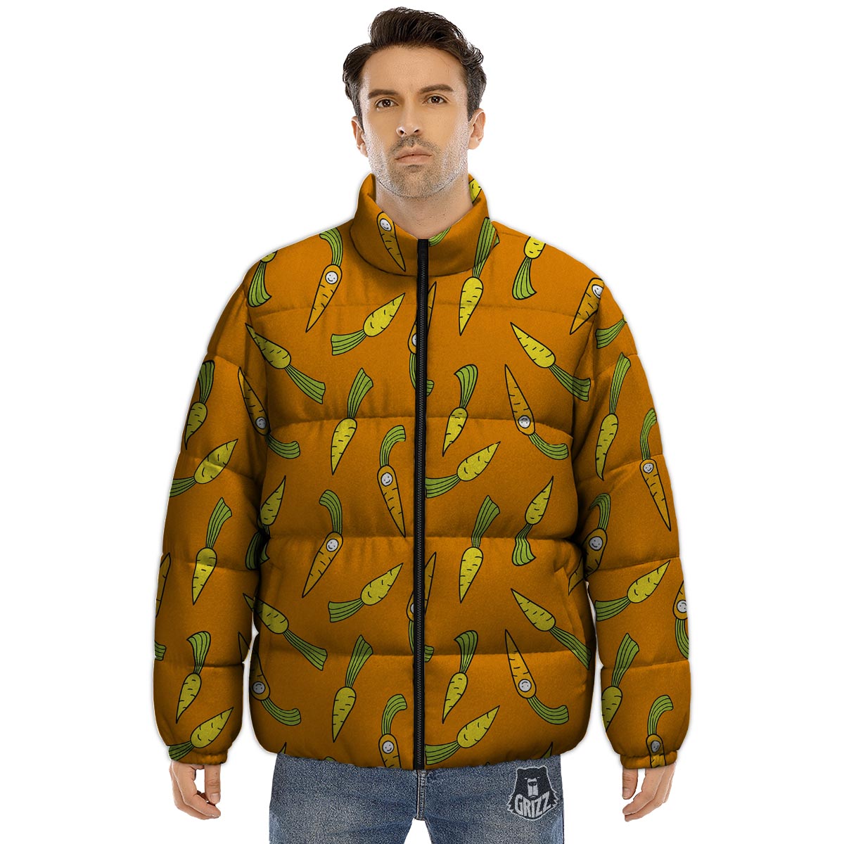 Smiley Carrot Print Pattern Puffer Jacket-grizzshop
