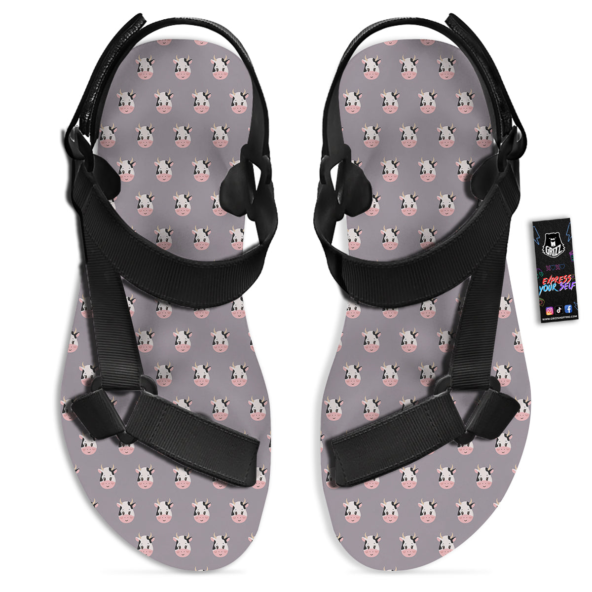 Smiley Cow Cartoon Print Pattern Black Open Toe Sandals-grizzshop
