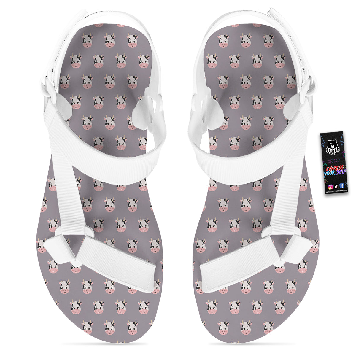 Smiley Cow Cartoon Print Pattern White Open Toe Sandals-grizzshop