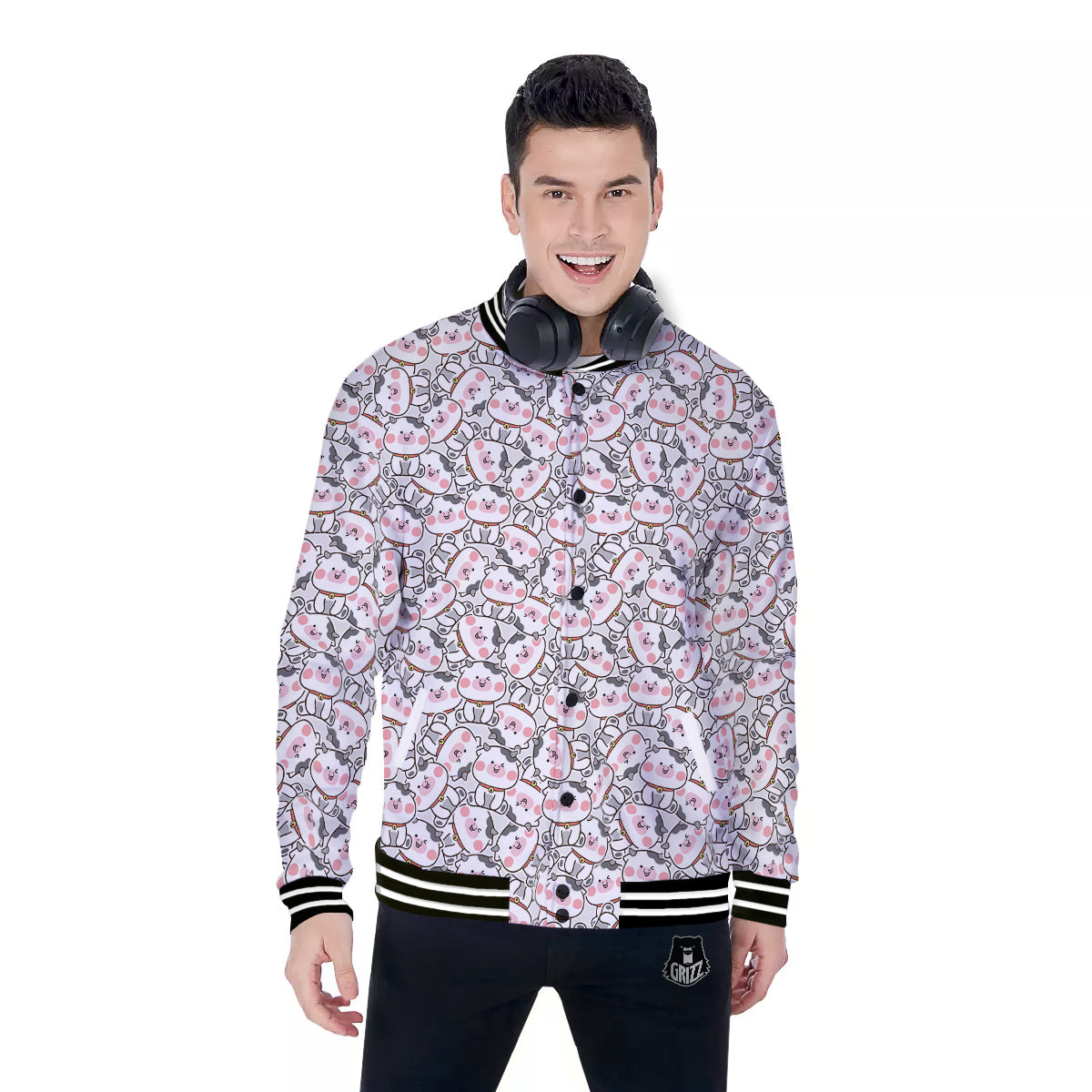Smiley Cow Cute Print Pattern Baseball Jacket-grizzshop