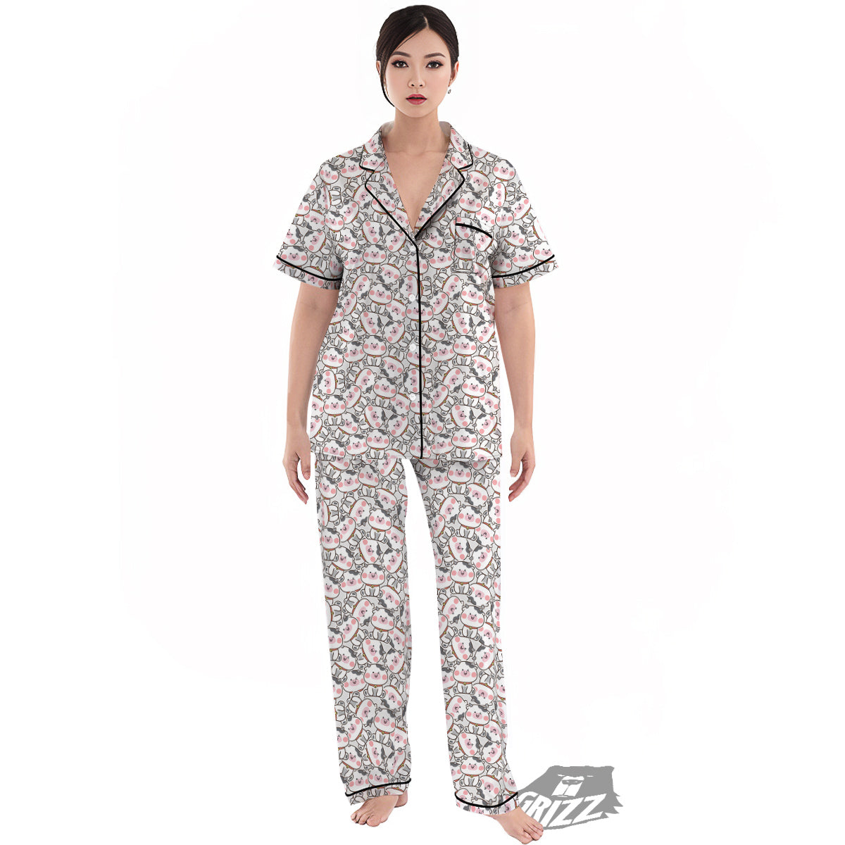 Smiley Cow Cute Print Pattern Women's Pajamas Set-grizzshop