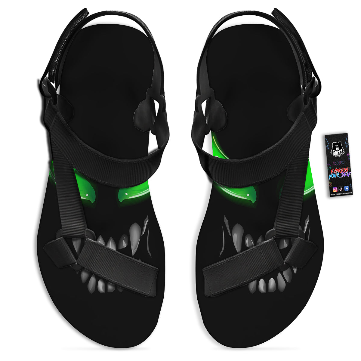 Smiley Face Monster Black Print Black Open Toe Sandals-grizzshop