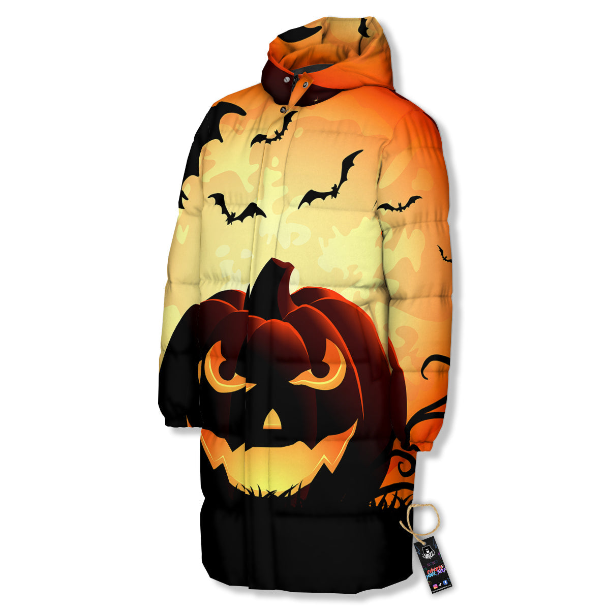 Smiley Faces Halloween Pumpkin Print Long Down Jacket-grizzshop