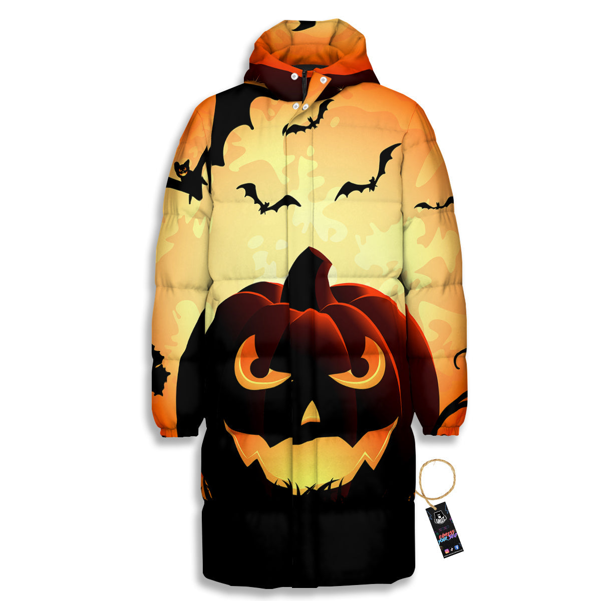 Smiley Faces Halloween Pumpkin Print Long Down Jacket-grizzshop