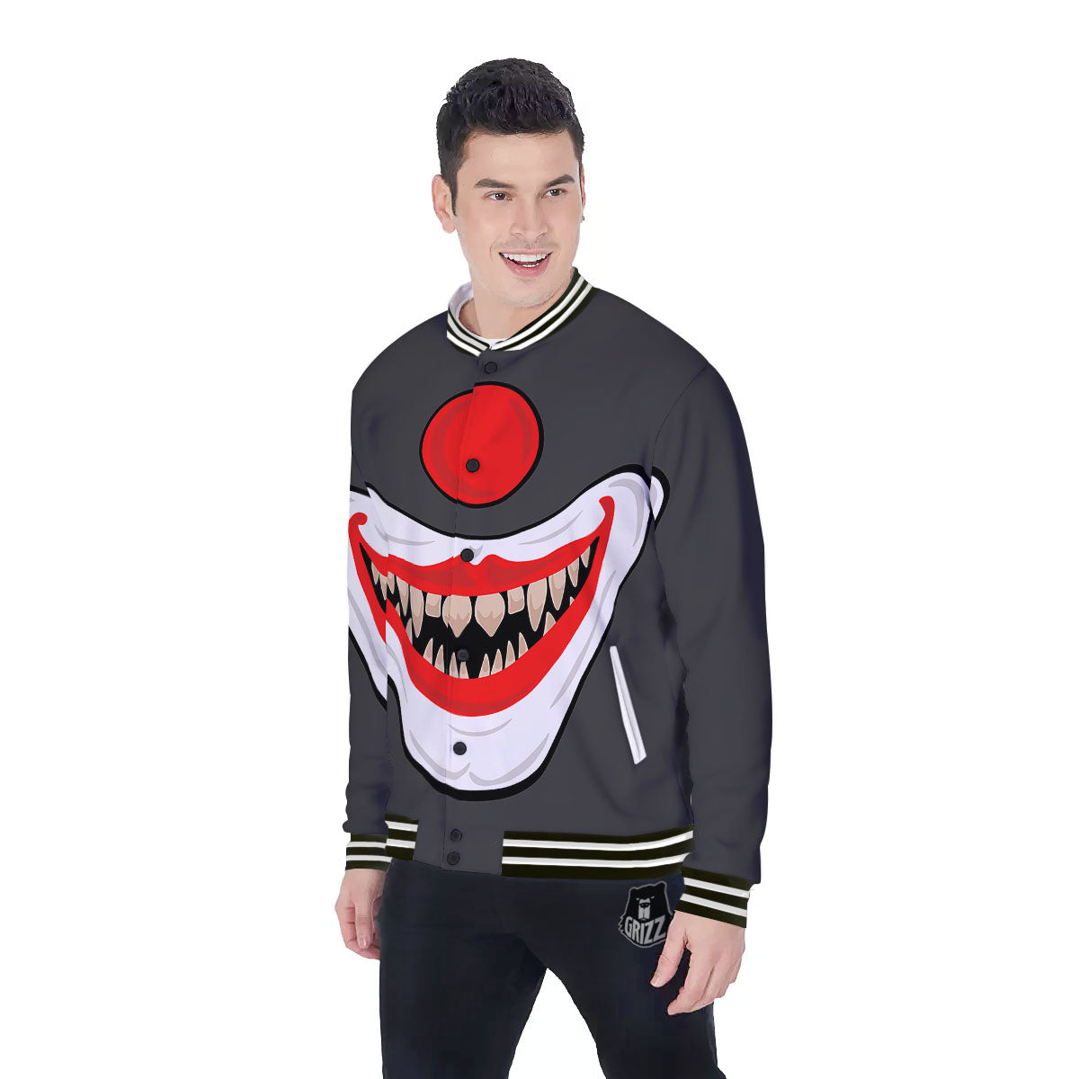 Smiling Clown Halloween Print Baseball Jacket-grizzshop