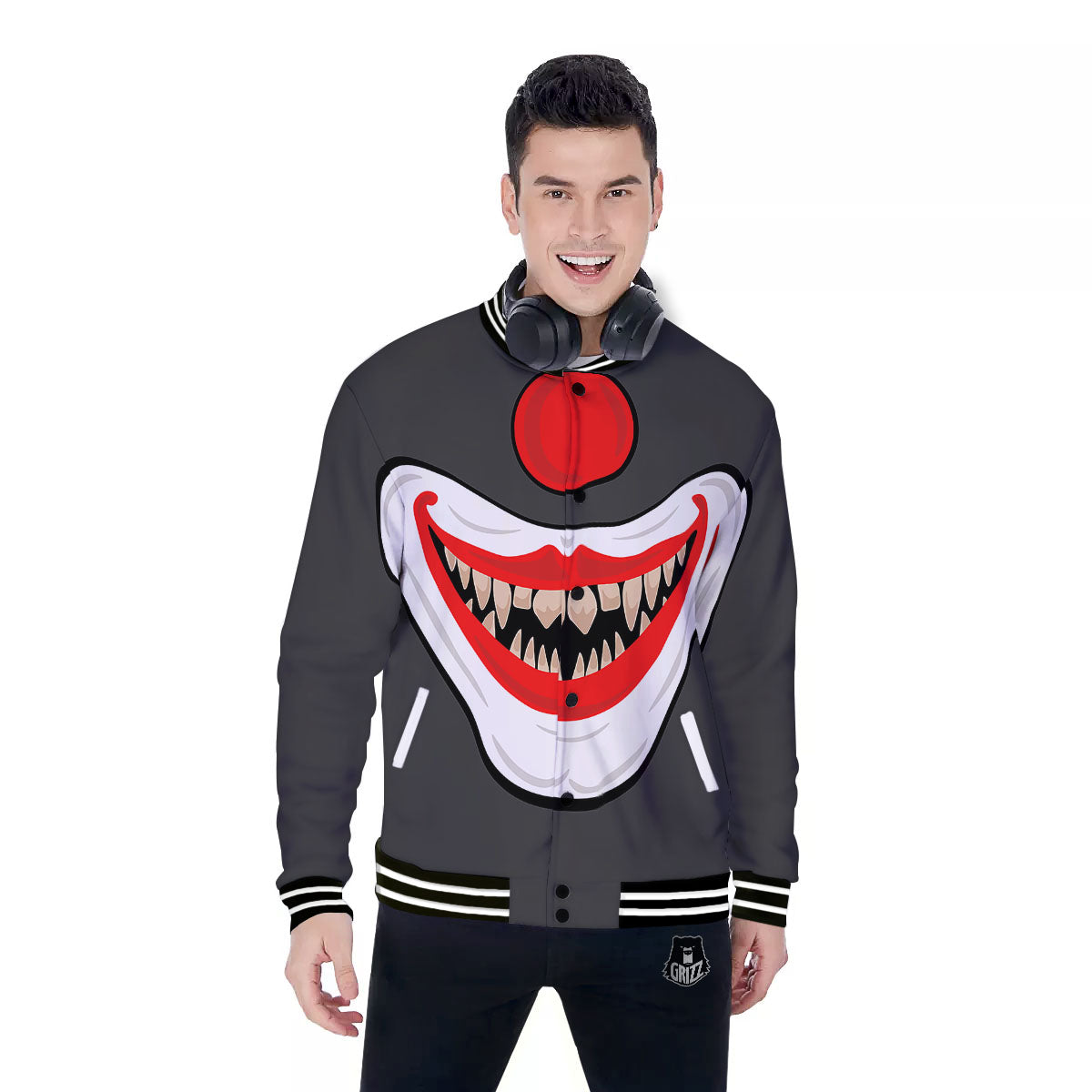 Smiling Clown Halloween Print Baseball Jacket-grizzshop