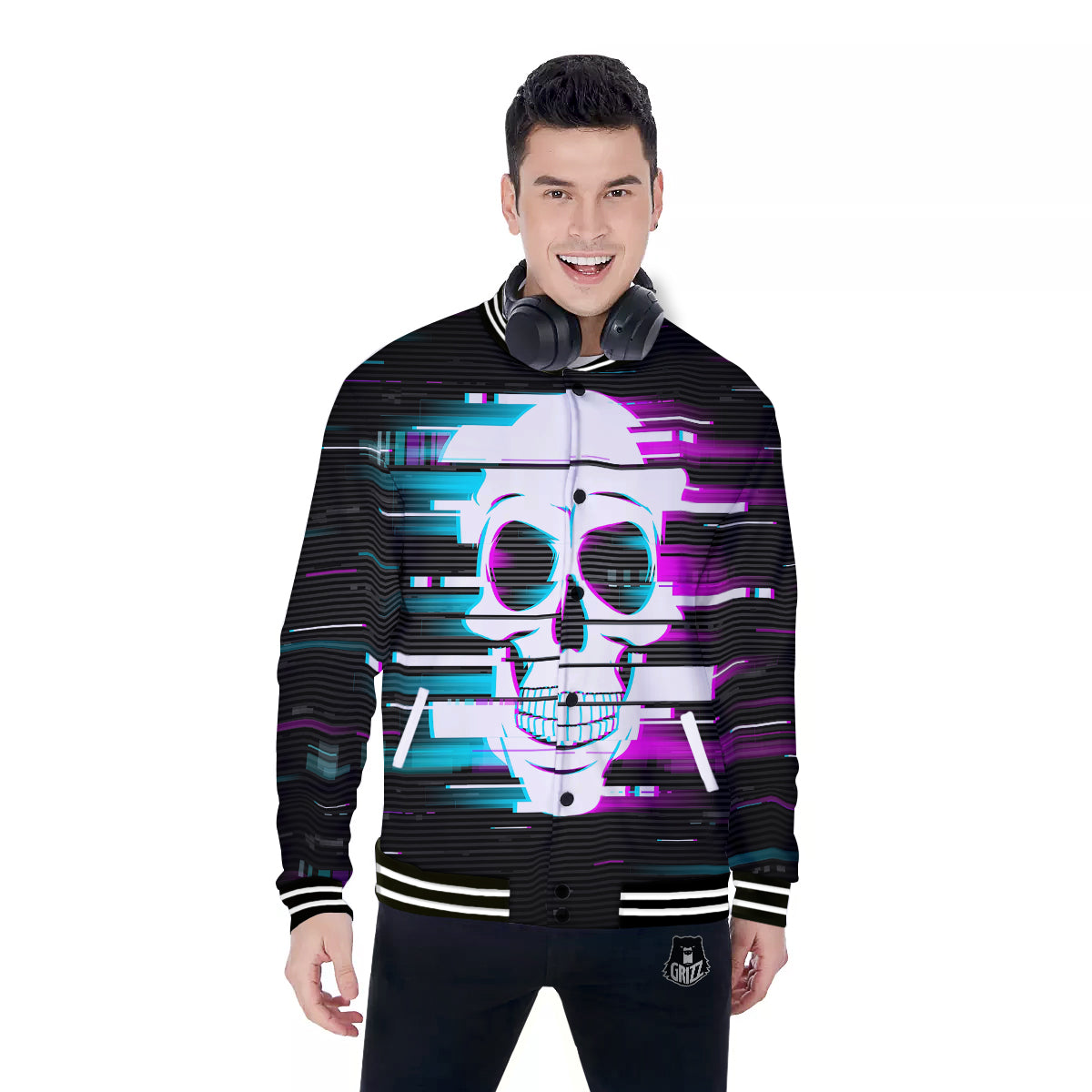 Smiling Skull Glitch Print Baseball Jacket-grizzshop
