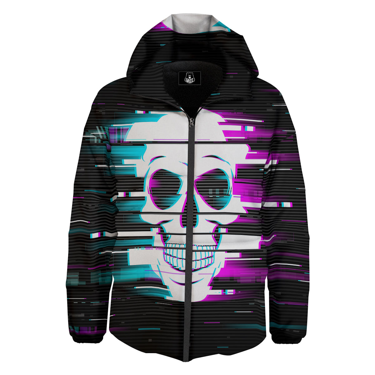 Smiling Skull Glitch Print Down Jacket-grizzshop