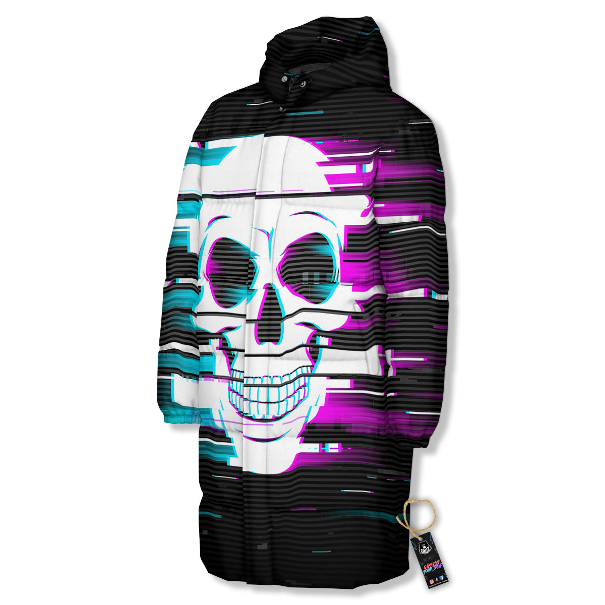 Smiling Skull Glitch Print Long Down Jacket-grizzshop