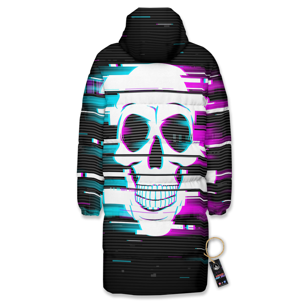 Smiling Skull Glitch Print Long Down Jacket-grizzshop