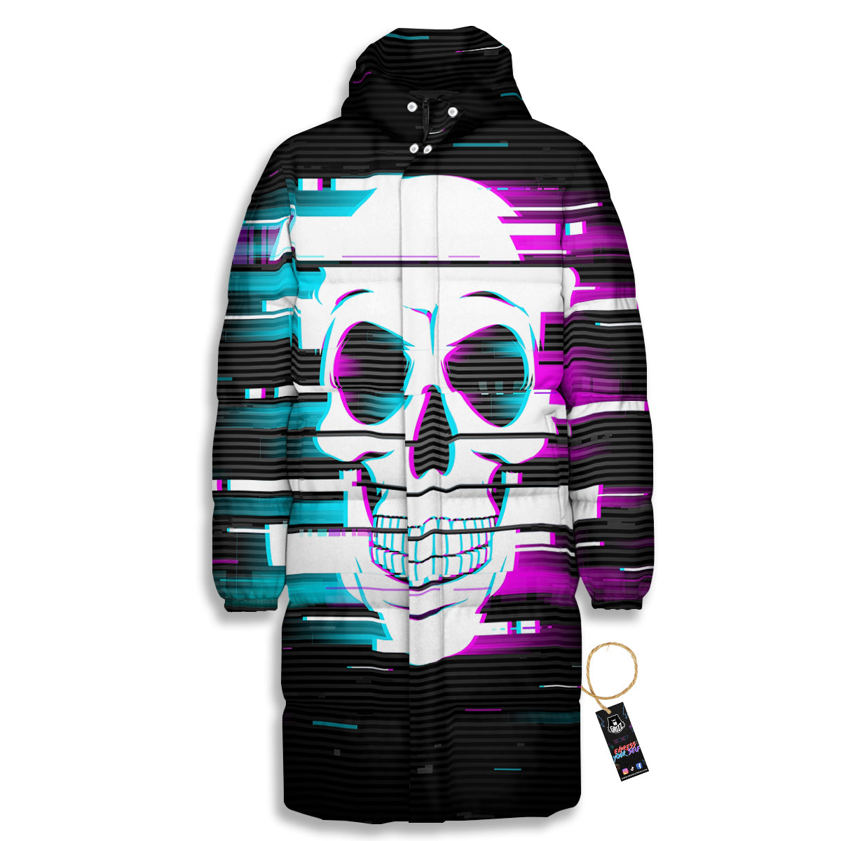 Smiling Skull Glitch Print Long Down Jacket-grizzshop