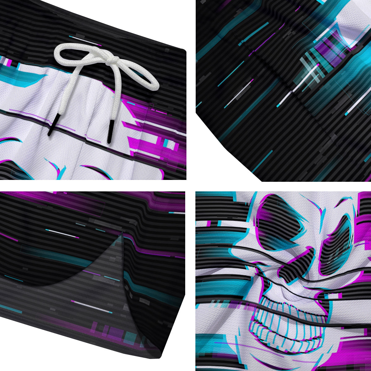 Smiling Skull Glitch Print Men's Running Shorts-grizzshop