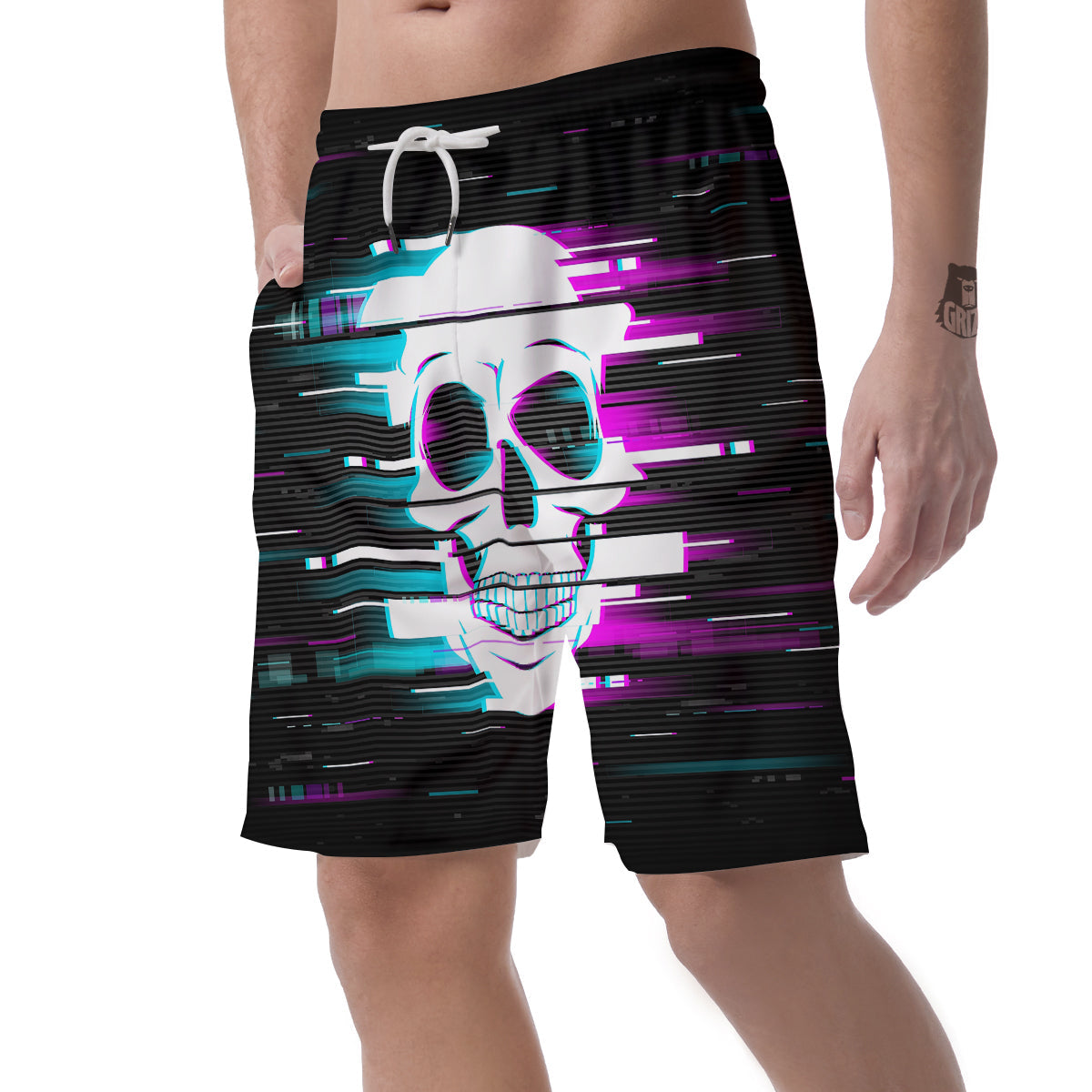 Smiling Skull Glitch Print Men's Shorts-grizzshop