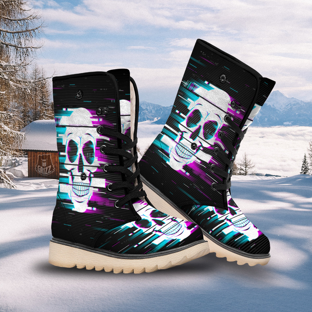 Smiling Skull Glitch Print Snow Boots-grizzshop