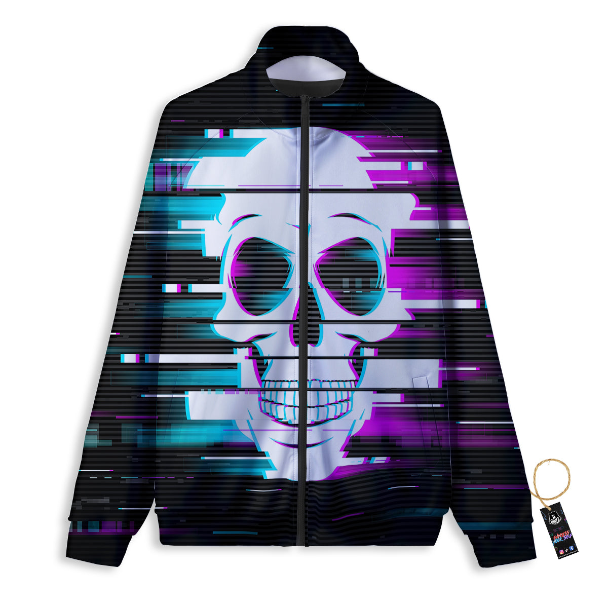 Smiling Skull Glitch Print Track Jacket-grizzshop