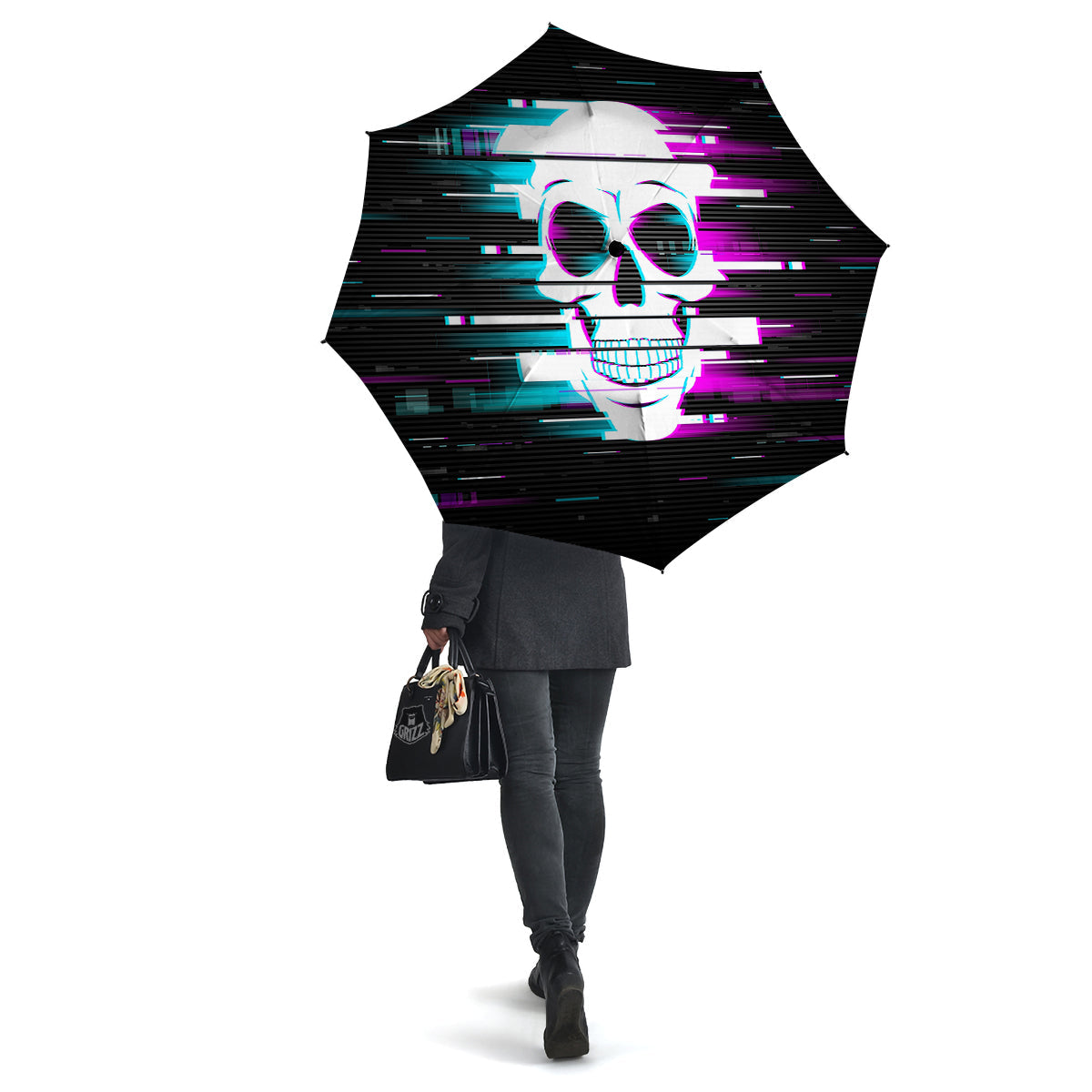 Smiling Skull Glitch Print Umbrella-grizzshop
