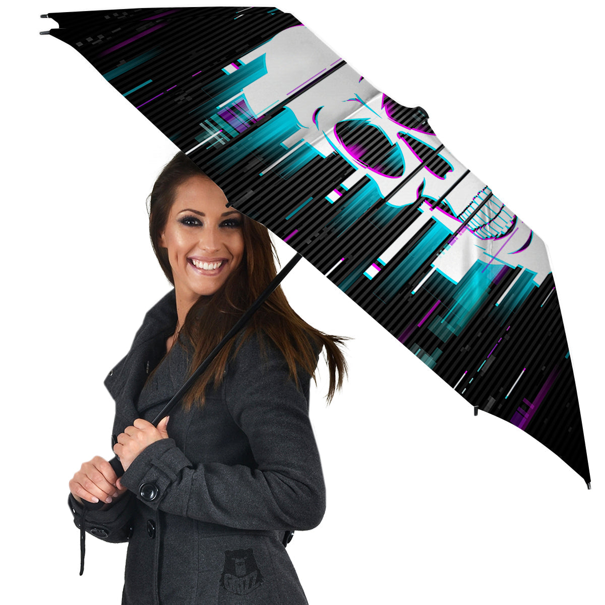 Smiling Skull Glitch Print Umbrella-grizzshop