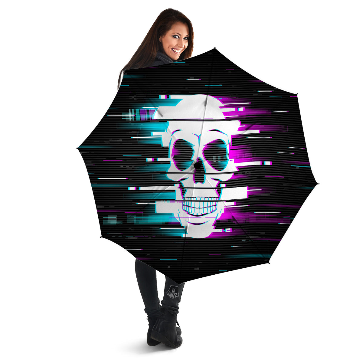 Smiling Skull Glitch Print Umbrella-grizzshop