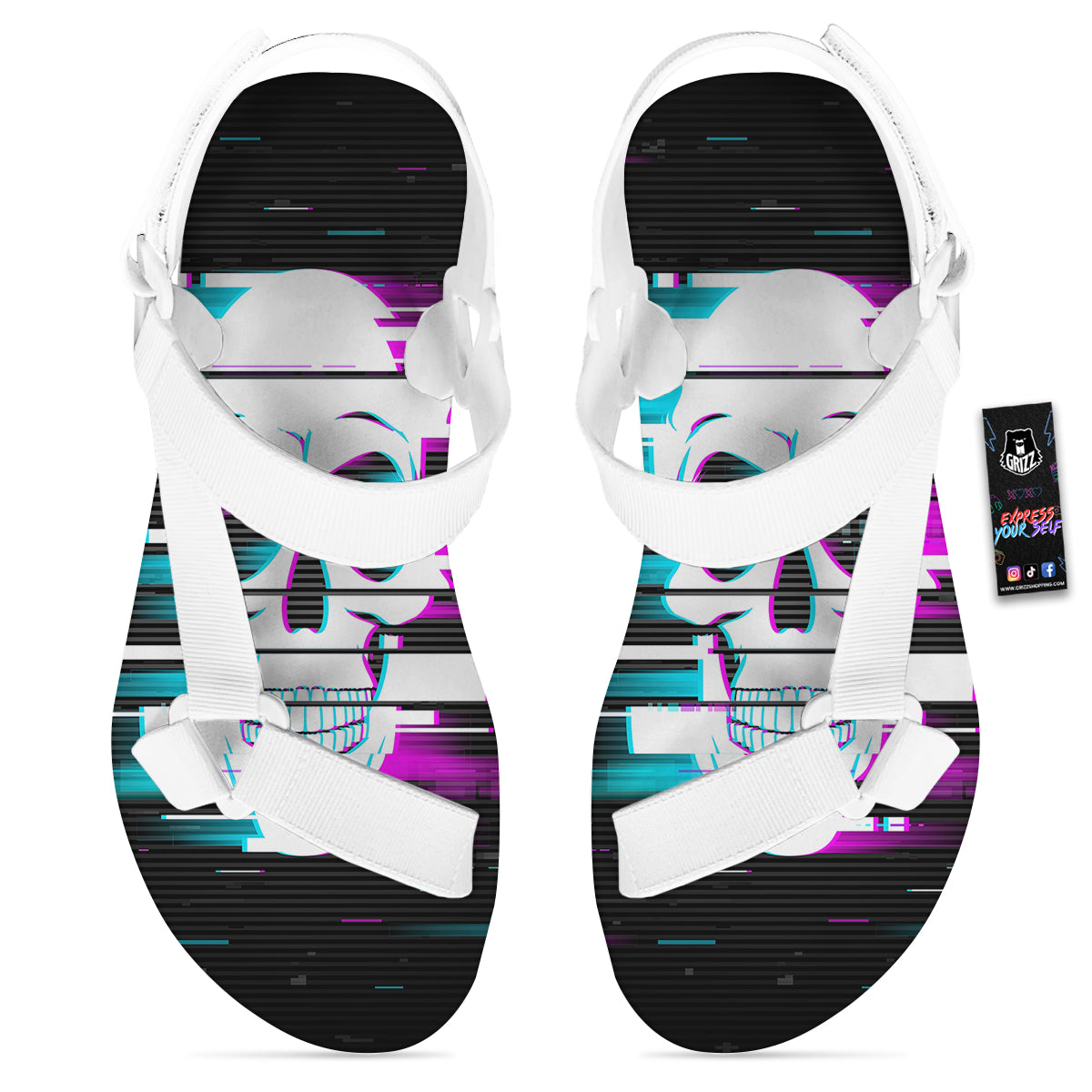 Smiling Skull Glitch Print White Open Toe Sandals-grizzshop