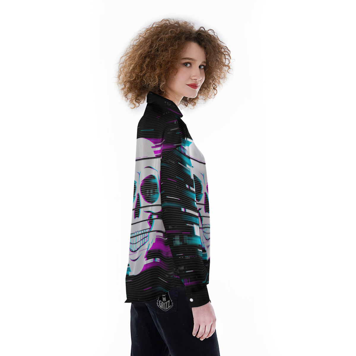 Smiling Skull Glitch Print Women's Long Sleeve Shirts-grizzshop