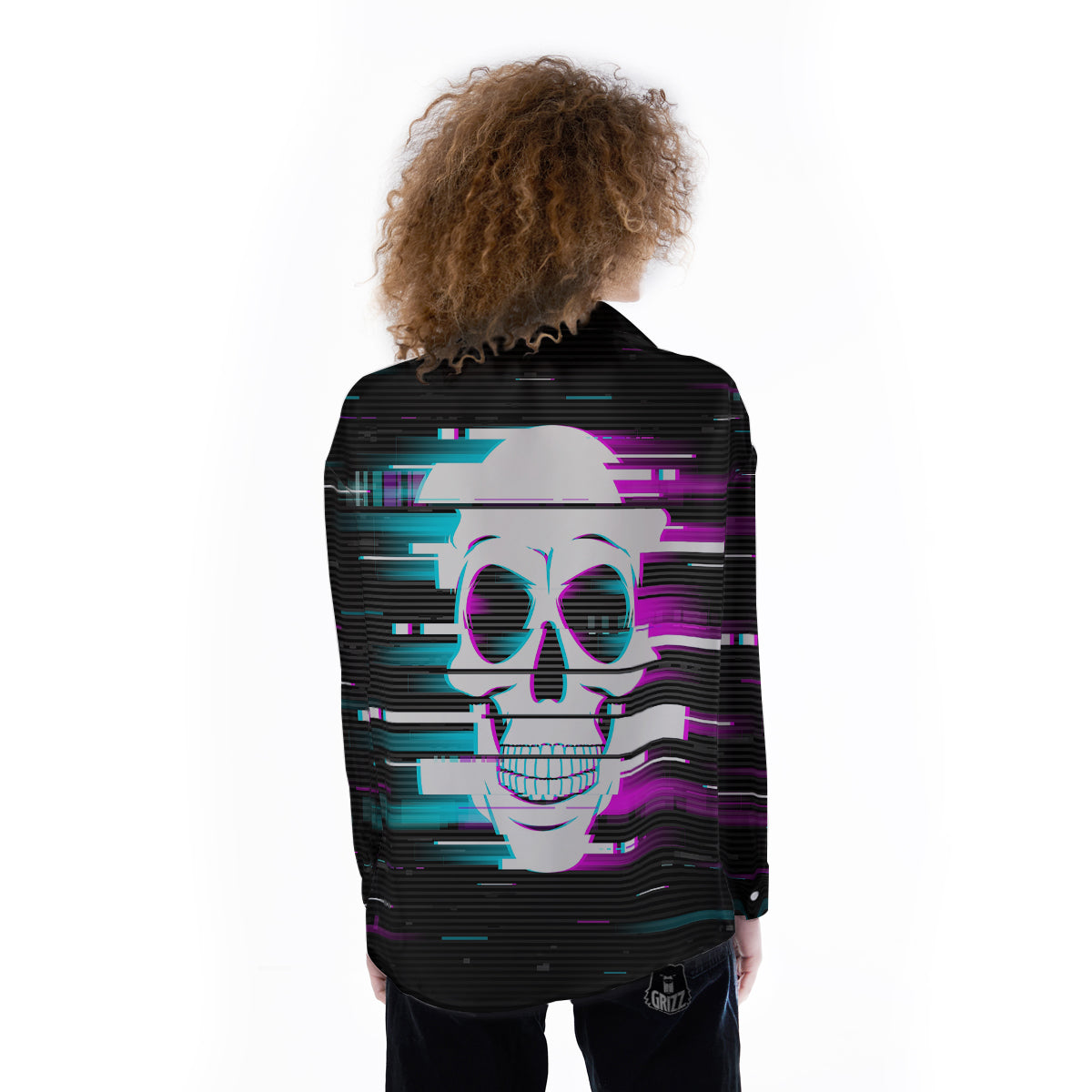 Smiling Skull Glitch Print Women's Long Sleeve Shirts-grizzshop